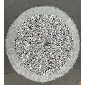 New 35” Diameter Faux Fur Edge Silver sequins Christmas Tree Skirt
